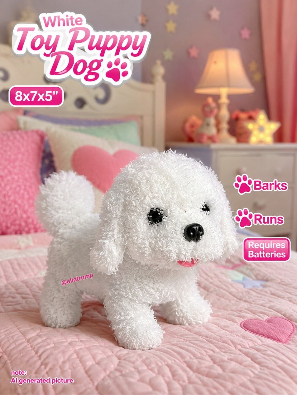 White stuffed Toy Puppy Dog 8x7x5" Barks Runs Requires Batteries NEW
